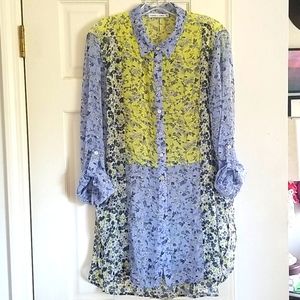 Mixed Media Button-Up Long Tunic Blouse